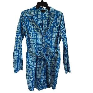 D'IYANU Button Up Shirt Dress Blue Print Long Sleeve Belted Pockets XL Ethnic‎